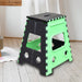 Open 18-inch brown folding stool made of sturdy plastic, ready for use.