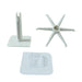 Three white plastic components of a rotating hook are arranged on a white background.