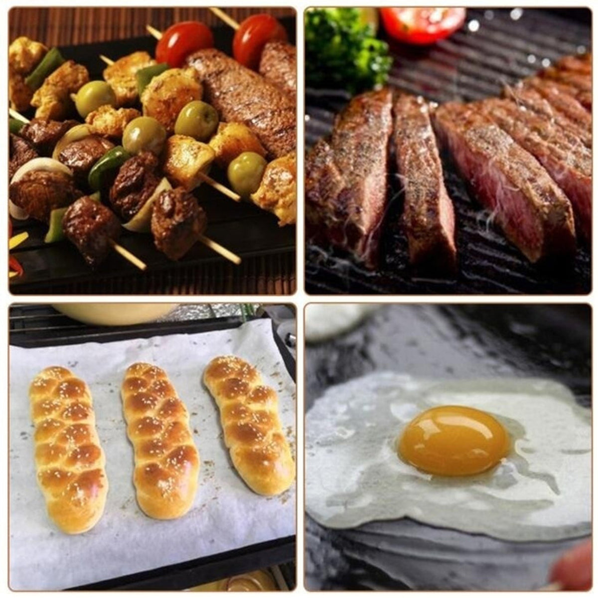 A grid of four food images: meat skewers, grilled steaks, braided bread, and a fried egg.