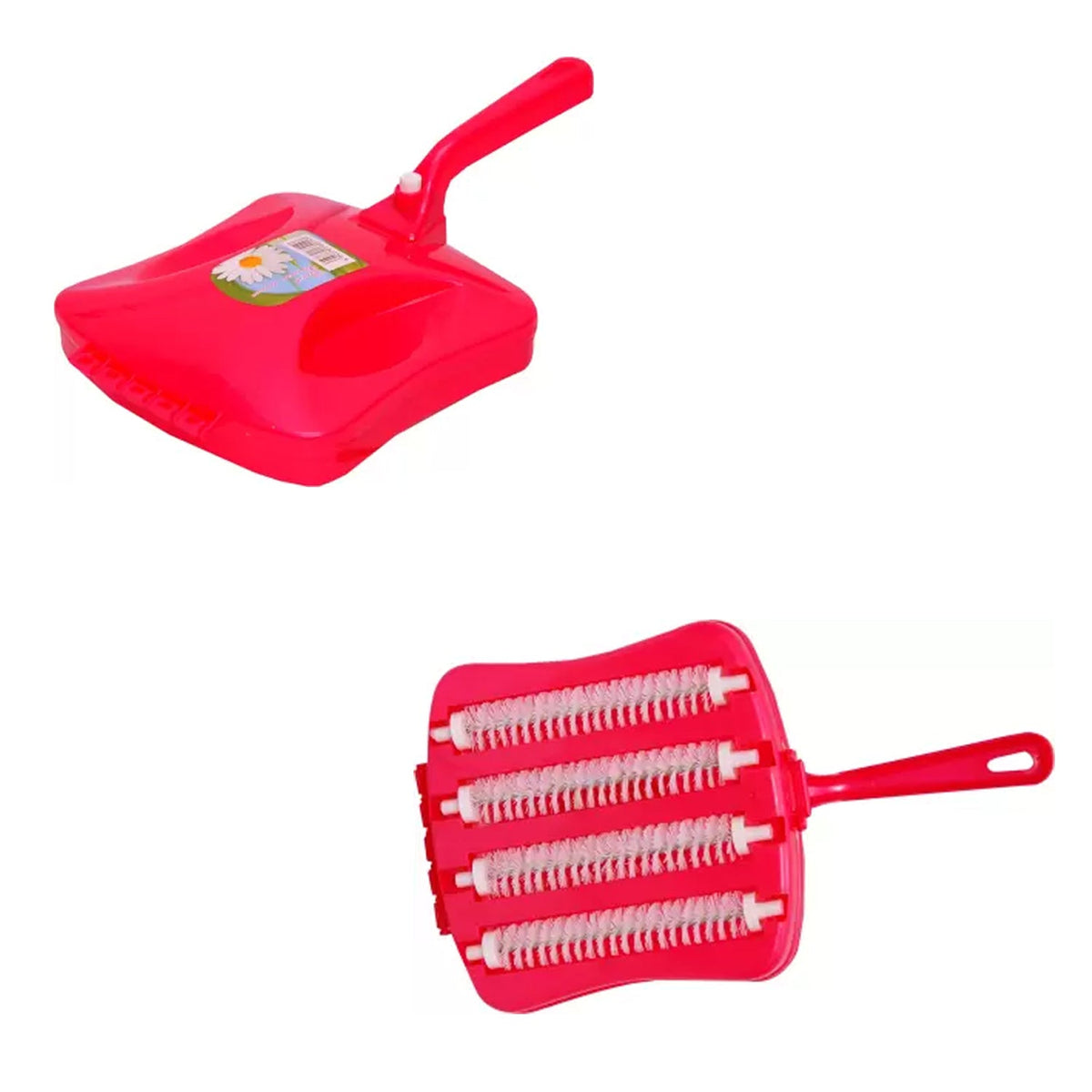 Two views of a bright pink handheld carpet sweeper on a white background, one closed and one open showing the brushes.