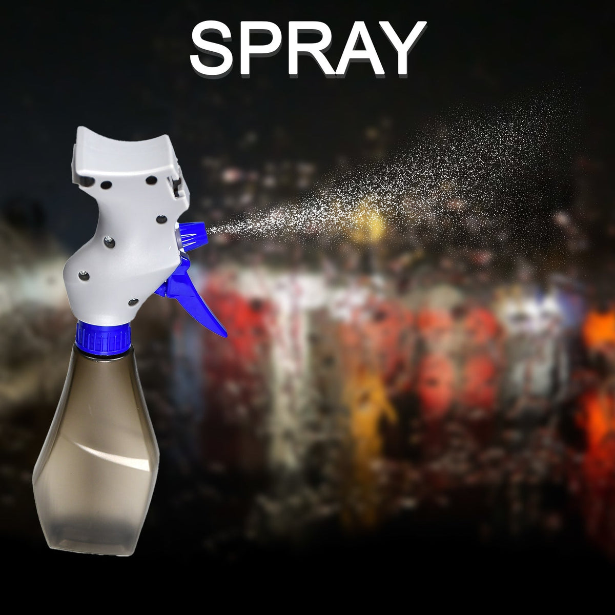 A gray and blue spray bottle with a fine mist spraying from the nozzle against a dark, blurred background.