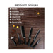 Overhead view of a six-piece black serrated knife set with peeler and scissors on a wooden surface.