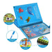 An open water coloring book displays sea creatures and instructions, with circular insets highlighting features like binding