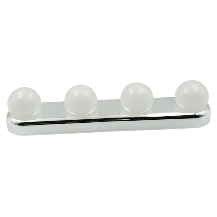 A white LED vanity light with four round bulbs and a chrome base is shown on a plain white background.