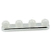 A white LED vanity light with four round bulbs and a chrome base is shown on a plain white background.