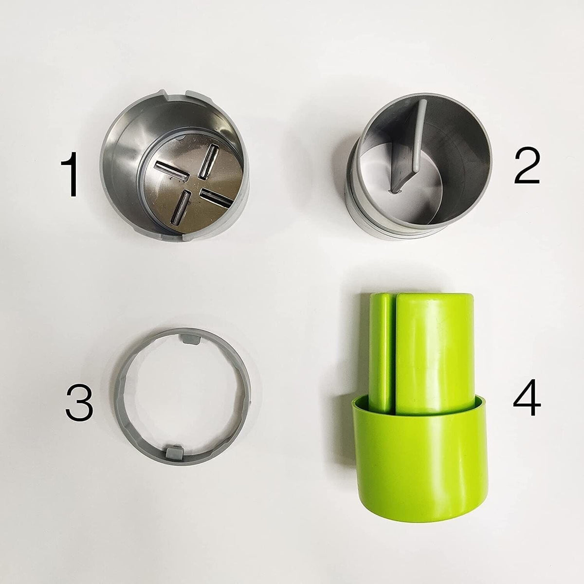 Four disassembled parts of the dry fruit slicer are laid out on a white surface, numbered 1 to 4.