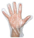Detailed view of a single transparent disposable glove, highlighting its smooth texture.