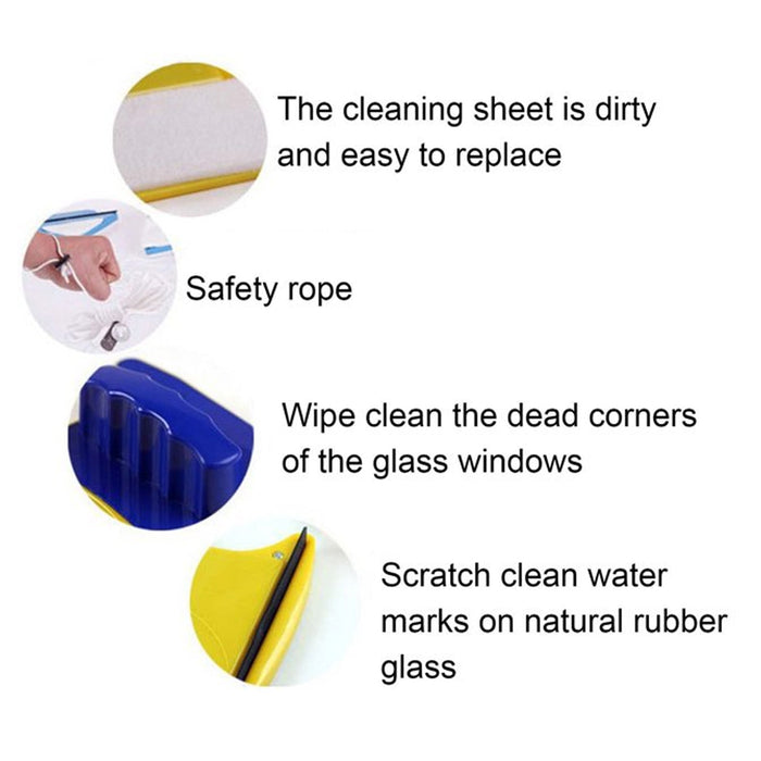 Diagrams explaining features: replaceable cleaning sheet, safety rope, corner cleaning, and water mark removal.
