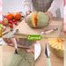 A person holds a carved cantaloupe, with an inset showing the tool carving a melon and a close-up of the tool's serrated end.