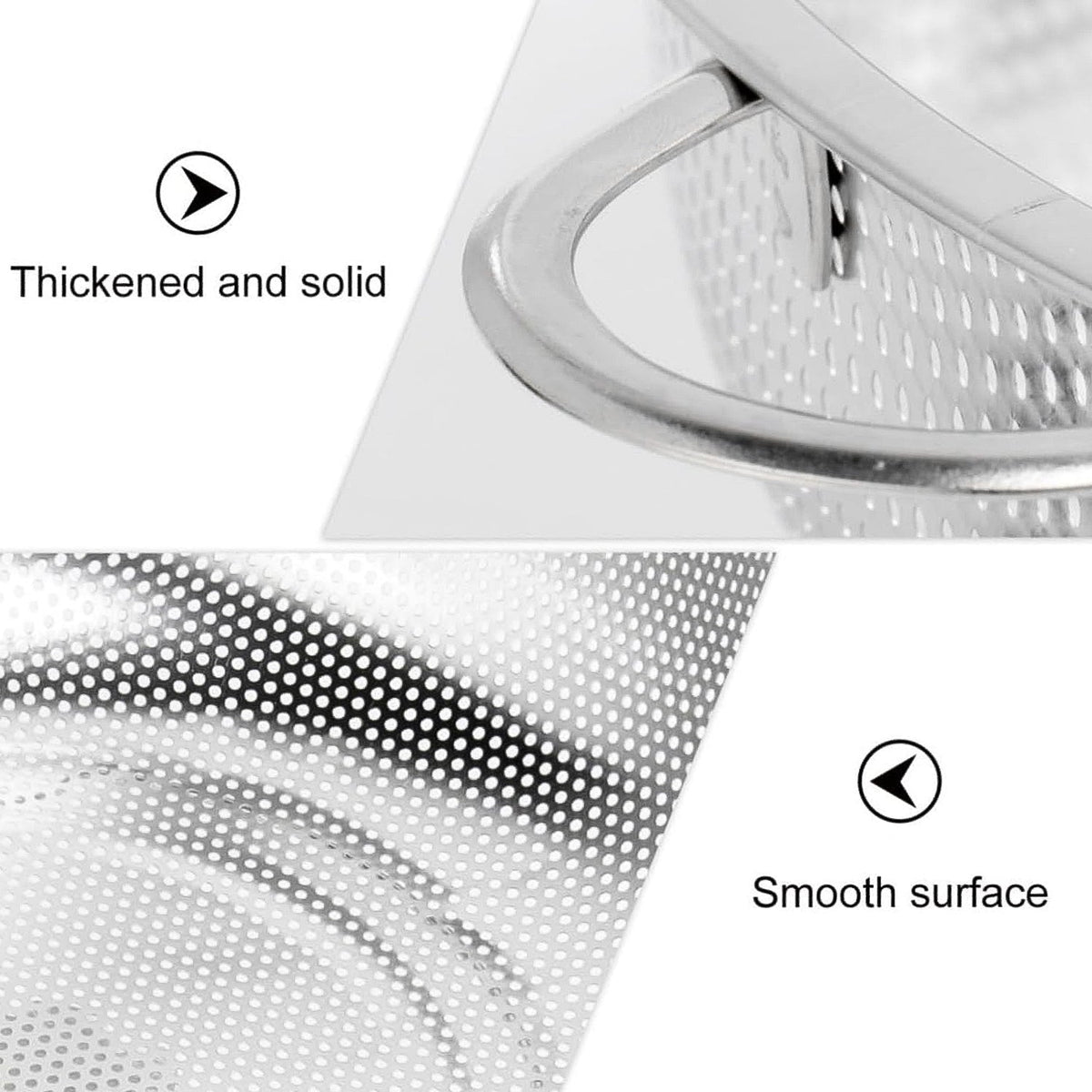 Close-up views of the stainless steel strainer bowl highlighting its thickened handle and smooth, perforated surface.