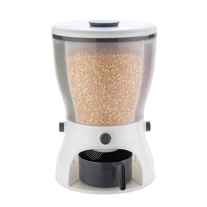Assortment of grains and cereals neatly stored within the multi-compartment rice dispenser.