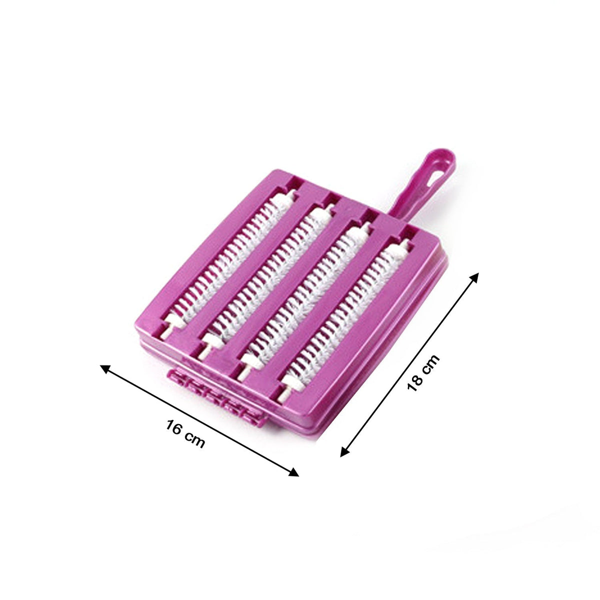 A purple handheld carpet sweeper open to show four rows of white brushes, with dimensions of 16 cm by 18 cm indicated.