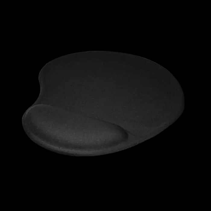A black ergonomic mouse pad with wrist support, angled on a dark background.