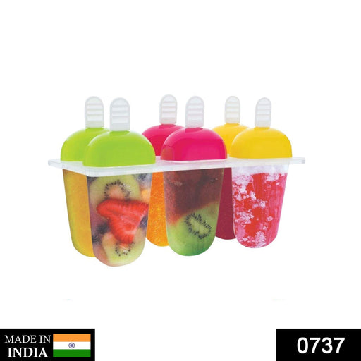 A 6-piece ice candy mold with colorful popsicles stands on a white background, with a 'Made in India' label.