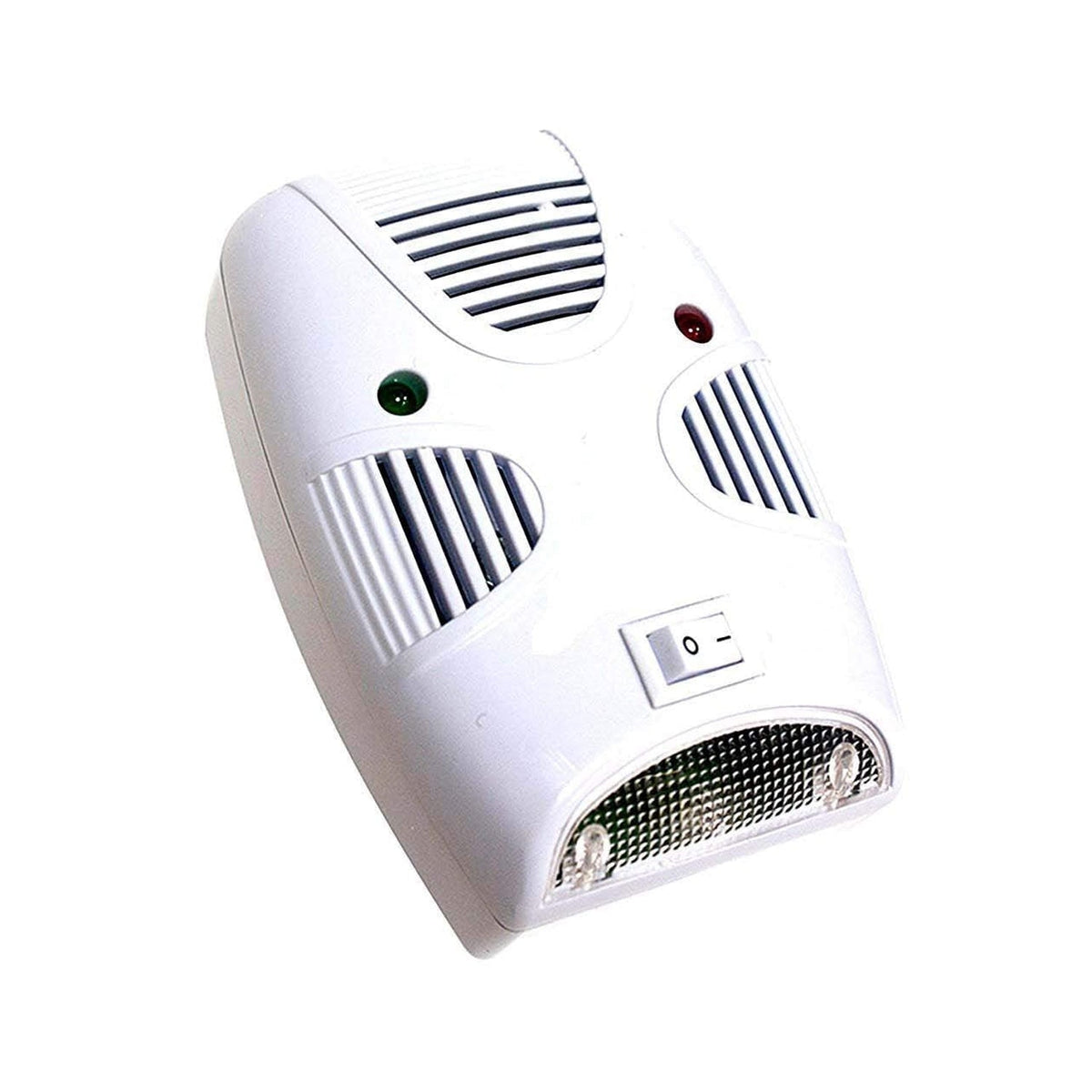 A white ultrasonic pest repeller with a power switch, two indicator lights, and a night light feature.