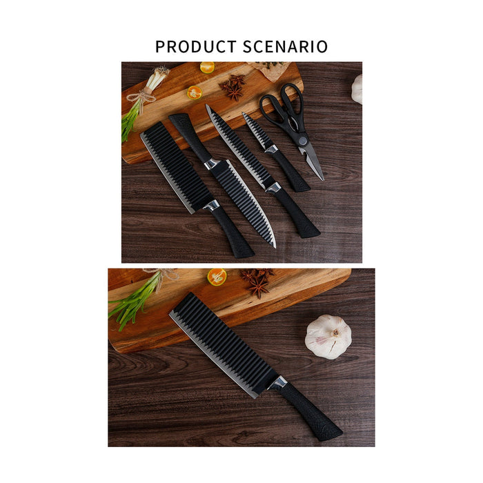 Two images showcasing the six-piece black serrated knife set on a wooden board with various ingredients.