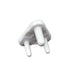 A single white plastic child safety socket cover, triangular with three prongs, viewed from an angle on a white background.