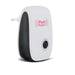 White and black pest repeller with a grey button and a two-prong plug on a white background.