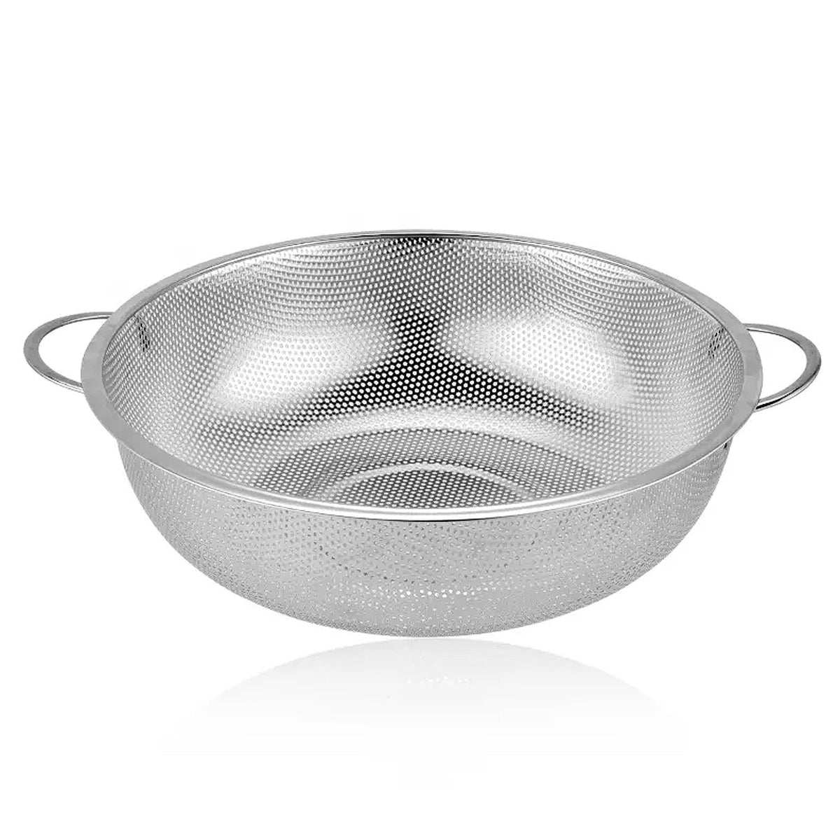 A shiny, empty stainless steel strainer bowl with two handles, centered on a white background.