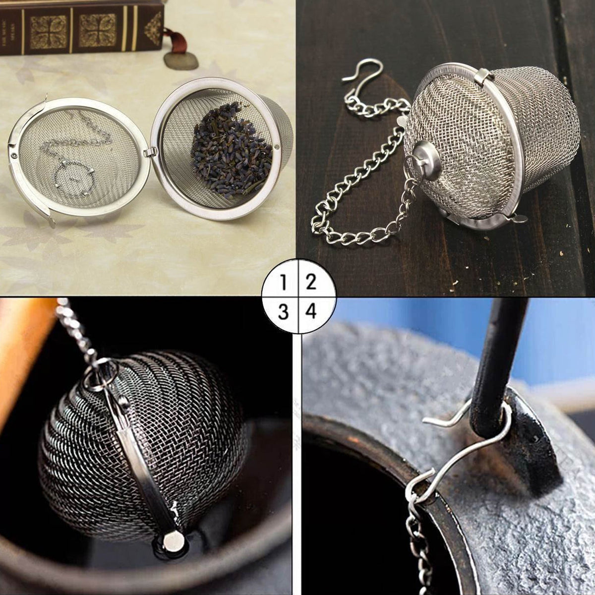 A four-panel image showing different views of a stainless steel tea infuser, including an open infuser with lavender and the
