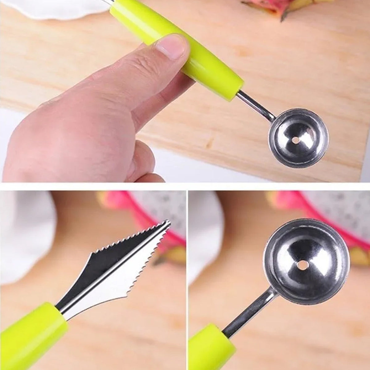 Close-up views of the green-handled tool's two ends: a serrated carving blade and a round scooping spoon.