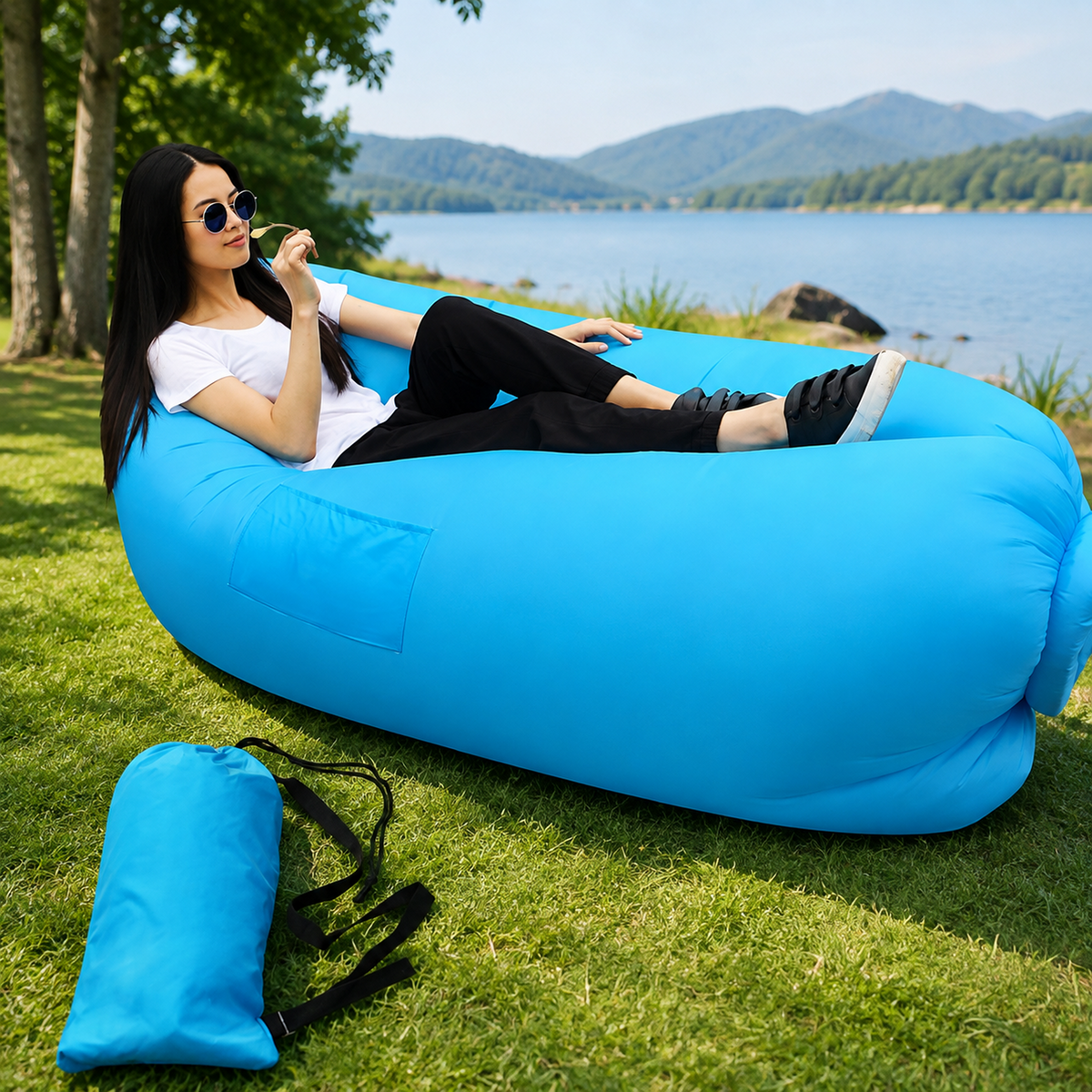 A woman in sunglasses relaxes on a blue inflatable lounger by a lake, with a matching carry bag on the grass.