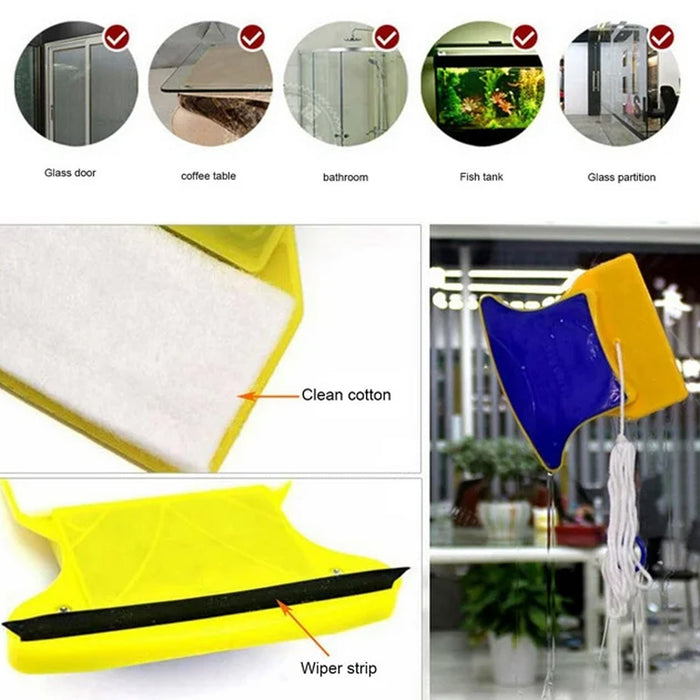 Close-up of the magnetic cleaner's cotton pad and wiper strip, with various use cases shown.
