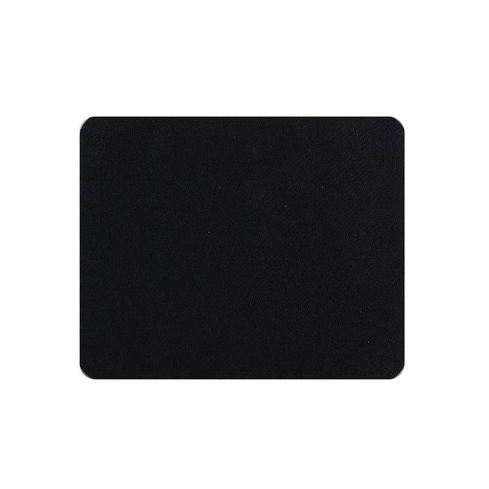 A plain rectangular black mouse pad with rounded corners on a white background.