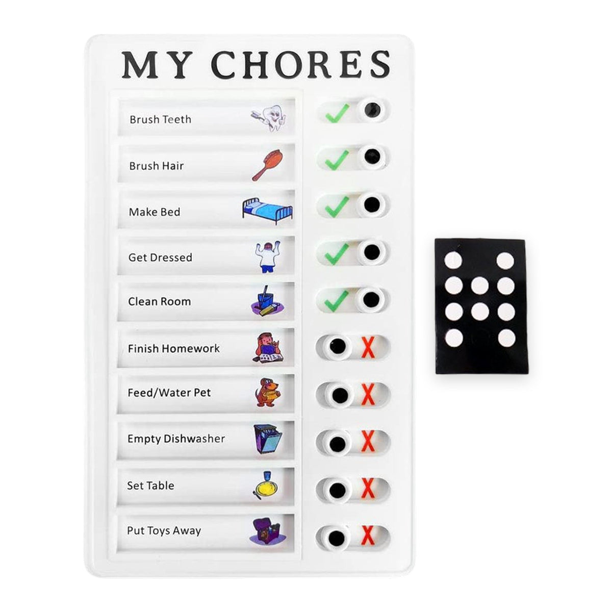 White 'MY CHORES' checklist board with colorful chore icons and a separate black magnetic piece with white dots.