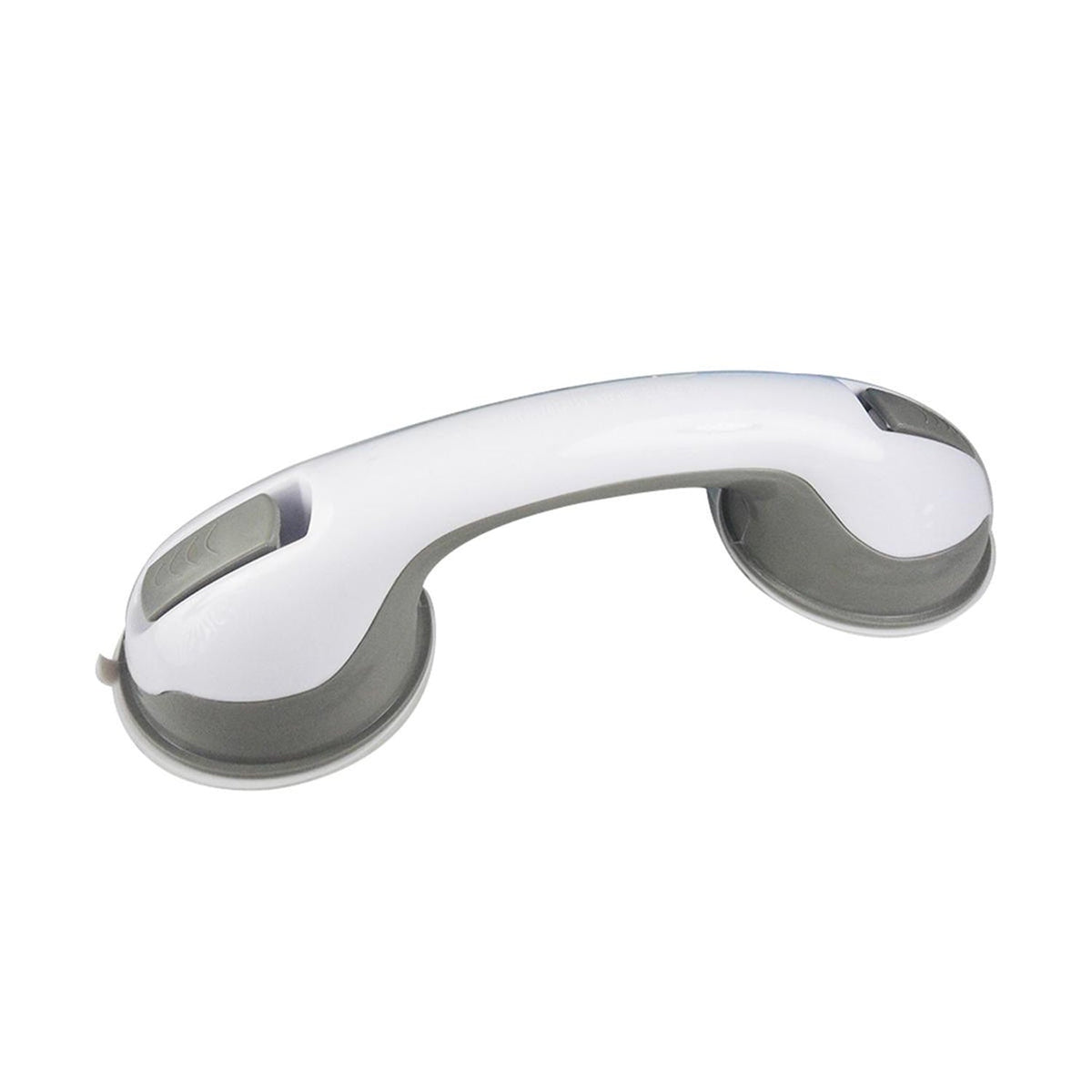 A white and gray suction grip handle is shown from a slight angle on a white background.
