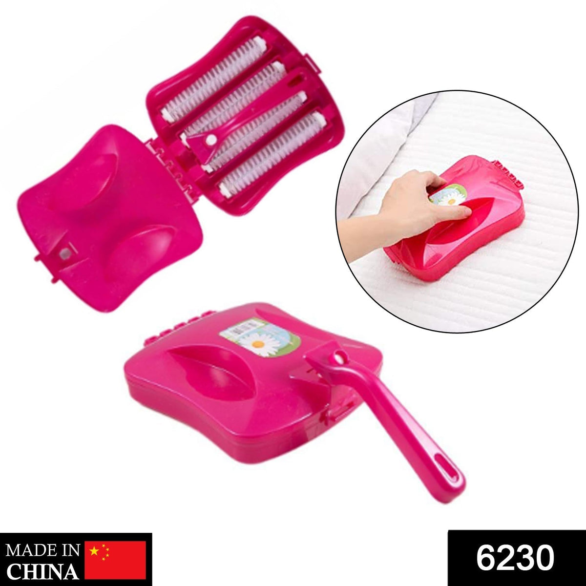 A bright pink handheld carpet sweeper, both closed and open to reveal the brushes, with a circular inset of it in use.