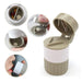 Gray and white pill crusher and cutter with insets showing its various functions like cutting and storage.