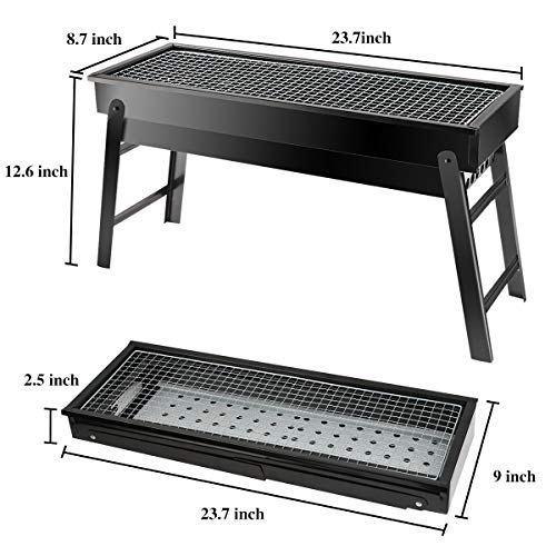 Dimensions of the black portable charcoal grill, both assembled and folded flat, with measurements in inches.