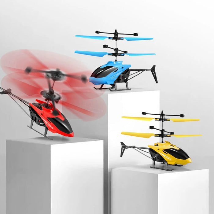 Detailed photo of the red and black remote control helicopter toy's robust body.