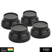 Set of four round black plastic furniture leg risers, ready for installation.