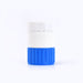 A white and blue pill crusher and cutter standing upright on a plain white background.