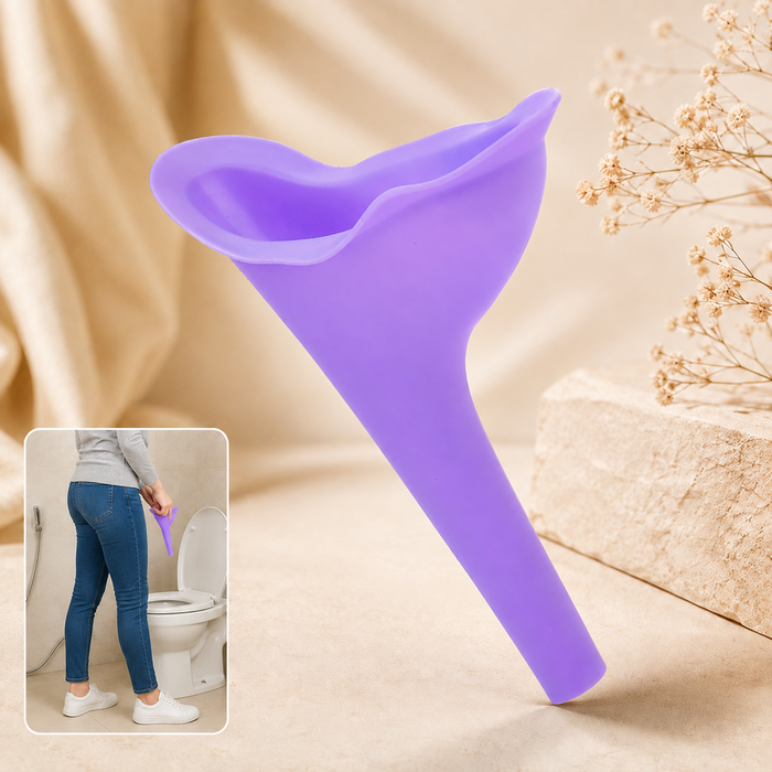 A purple silicone female urination device with a woman using it in a toilet shown in an inset