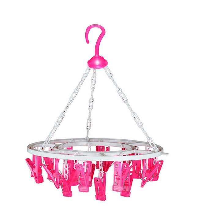 Multicolour round drying stand with 24 clips for efficient garment drying.