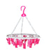 Sturdy multicolour round drying hanger with 24 clips, hanging various small items.