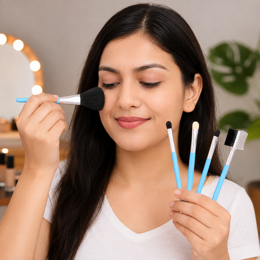 A woman applies powder to her cheek with a light blue makeup brush, holding four other brushes in her left hand.