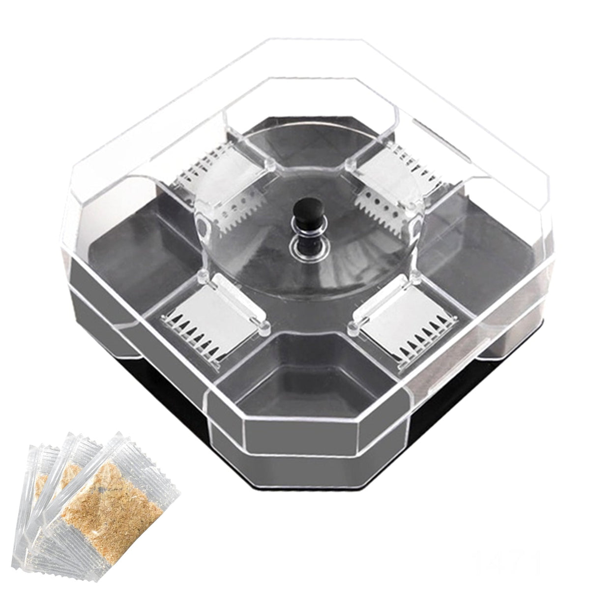 Clear octagonal cockroach trap with black base and four packets of bait powder on a white background