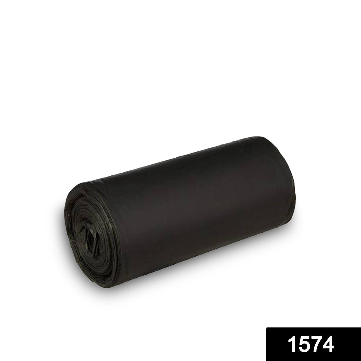 A tightly rolled black garbage bag on a white background with a small '1574' label.