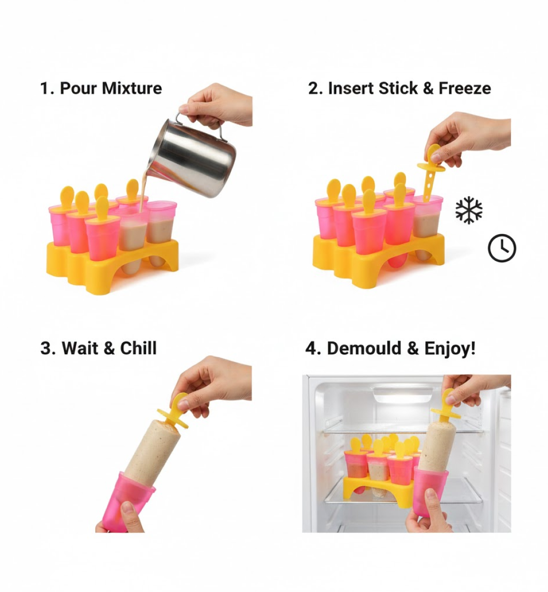 Four step-by-step images showing how to pour mixture, insert sticks, freeze, and demould popsicles using the molds.