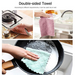 A collage shows a hand wiping a stove, a hand cleaning a dirty plate, and a hand scrubbing a pan with a towel.