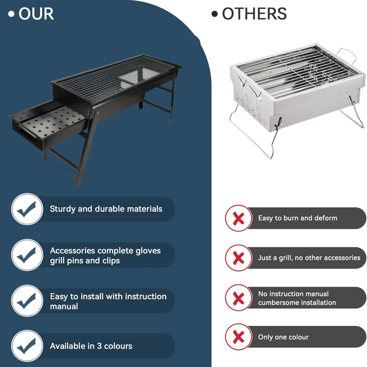 Comparison of our black portable grill with a smaller silver grill, highlighting features and benefits.