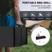 A person carrying the folded black portable BBQ grill, with icons for lightweight, foldable, carry handle, and windproof.