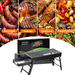 Collage showing the black portable barbecue grill with various grilled foods like sausage, kebab, seafood, and vegetables.