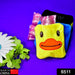 A yellow duck hot water bottle with a pink insert and blue fabric behind it on a vibrant purple background.