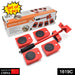 Complete furniture shifting tool set with lifting lever and four wheeled pads for easy moving.