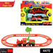 Overhead view of the World Express toy train set with locomotive and tracks.